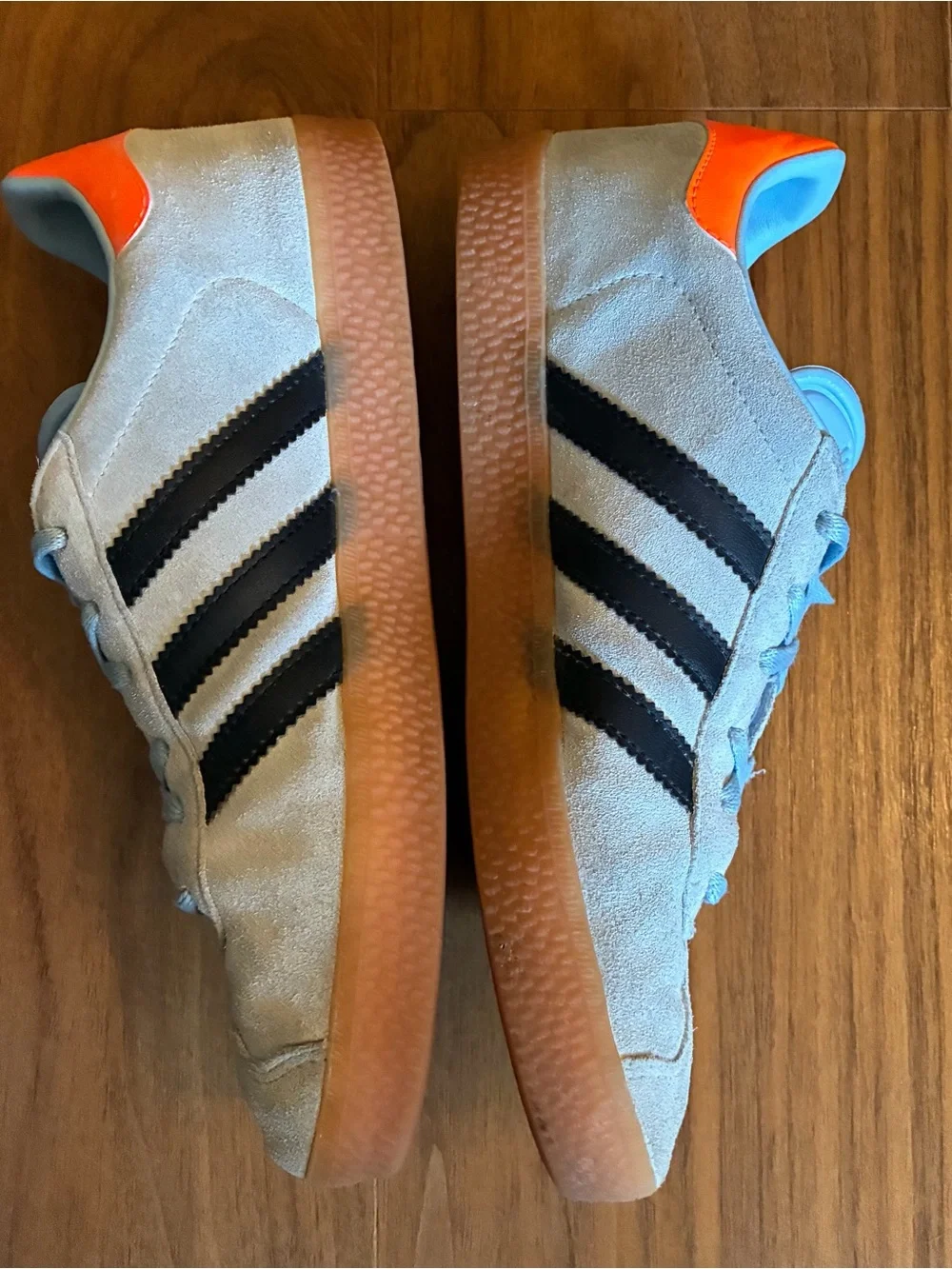 adidas Gazelle Light Blue Suede Sneakers with Black Stripes and Orange Heel